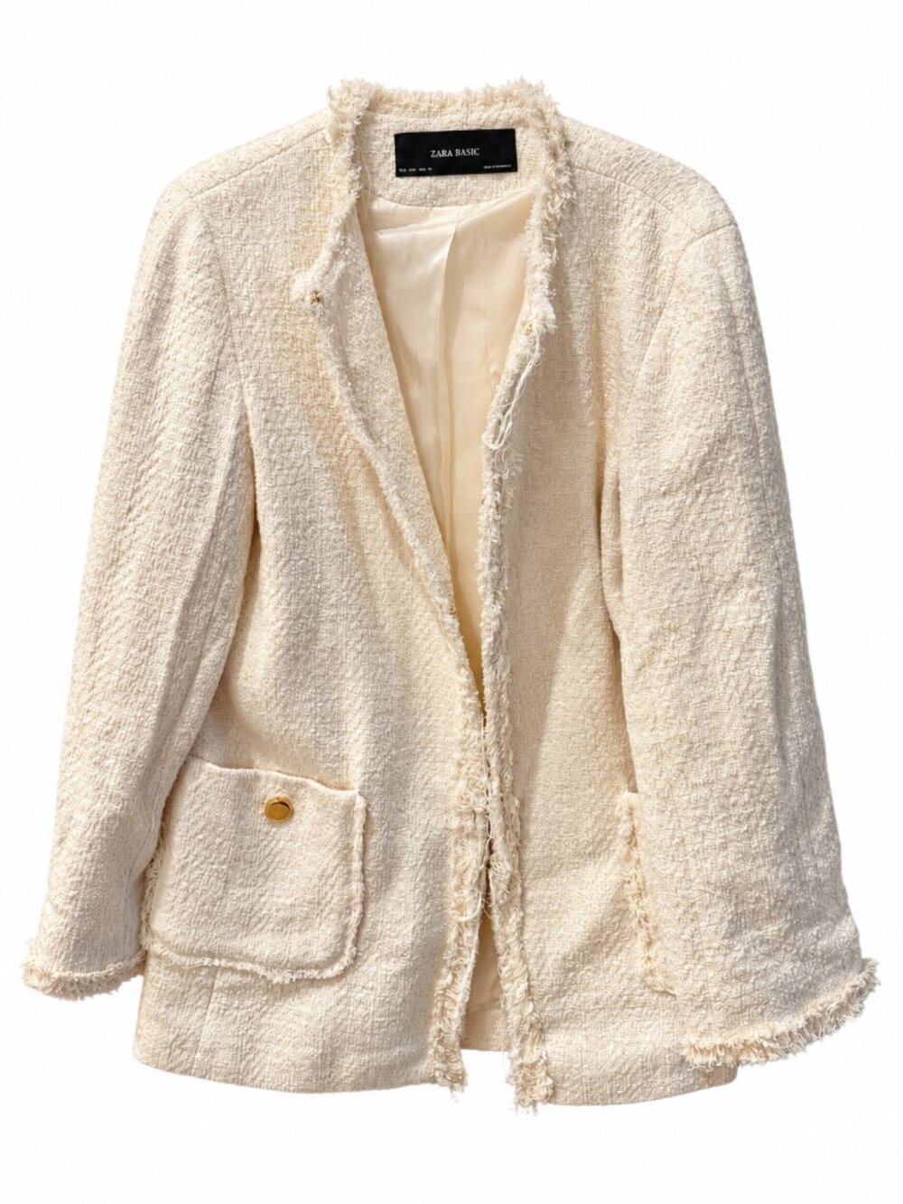 Zara Womens Ivory Cream Tweed Blazer Large Frayed Fringe Trim Lined Jacket - Picture 2 of 4